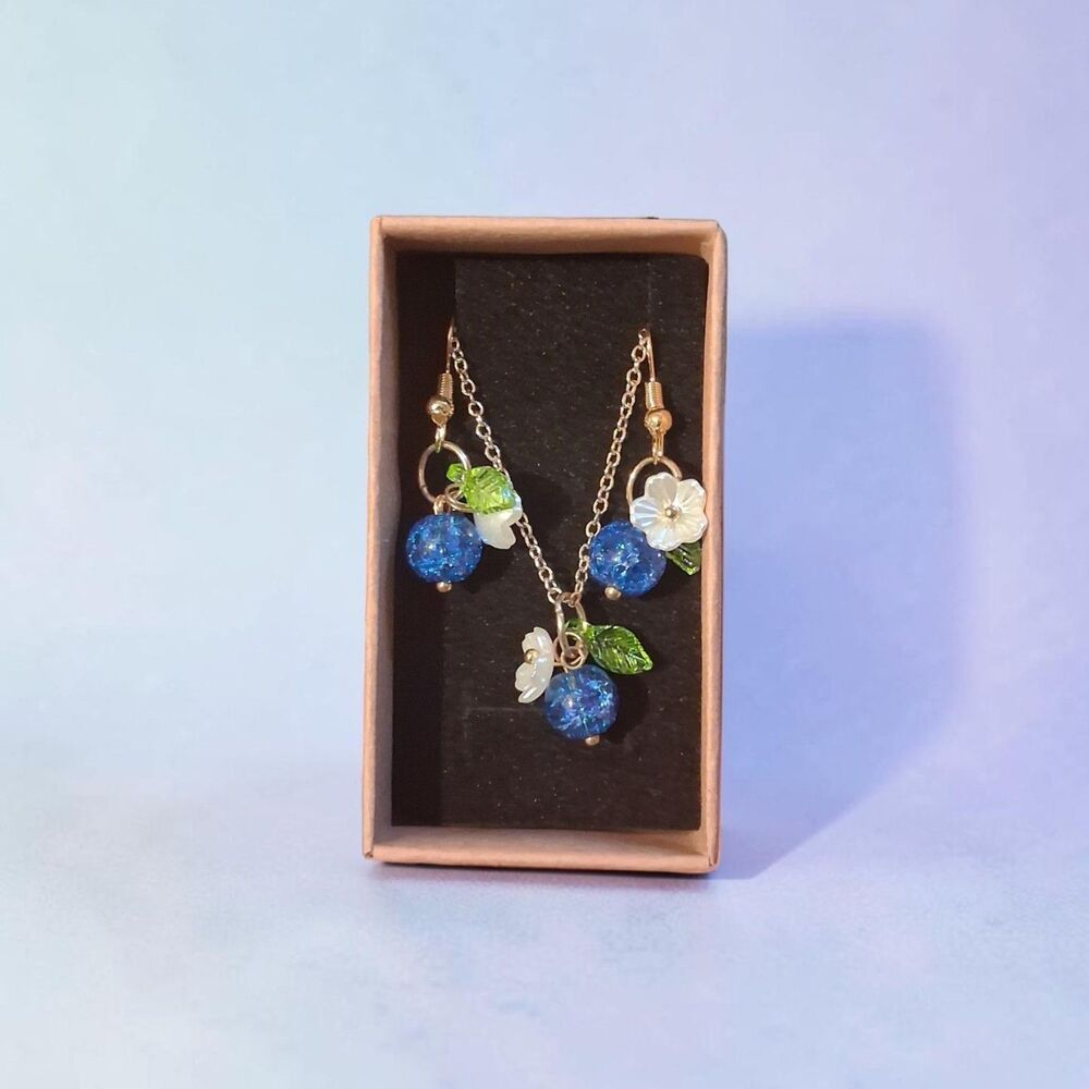 Handmade Blueberry Jewelry Set - Glass Bead Charm Necklace & Matching Earrings